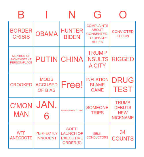 2024 Presidential Debacle Bingo Card