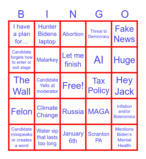 2024 US Debate Bingo Card