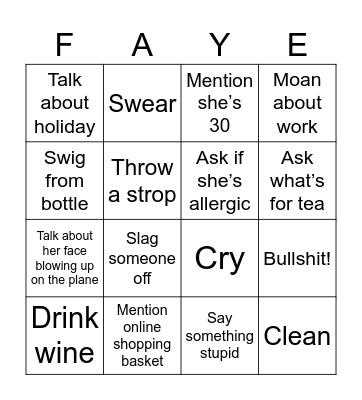 Faye’s 30th Birthday Bingo Card