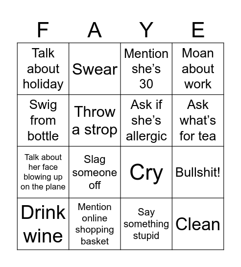 Faye’s 30th Birthday Bingo Card