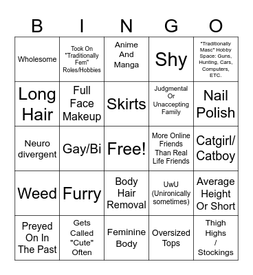 Femboy Bingo Card
