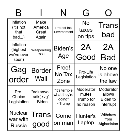 Presidential Fight Night Bingo Card