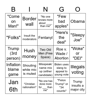 2024 Presidential Debate Bingo Card