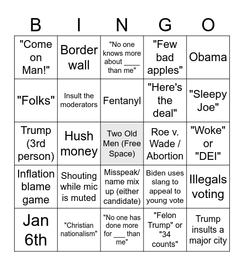 2024 Presidential Debate Bingo Card