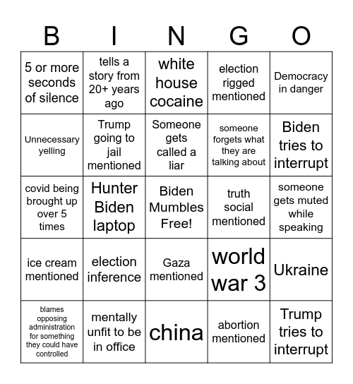 Trump v Biden Debate Bingo Card