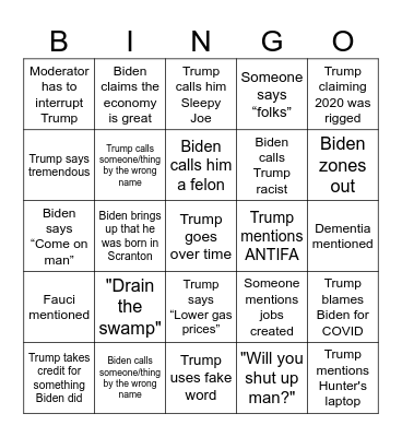 2024 Presidential Debate Bingo Card