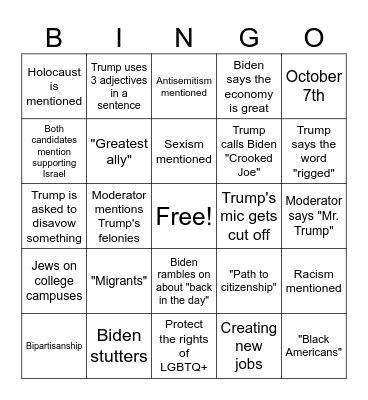 Presidential Debate BINGO Card