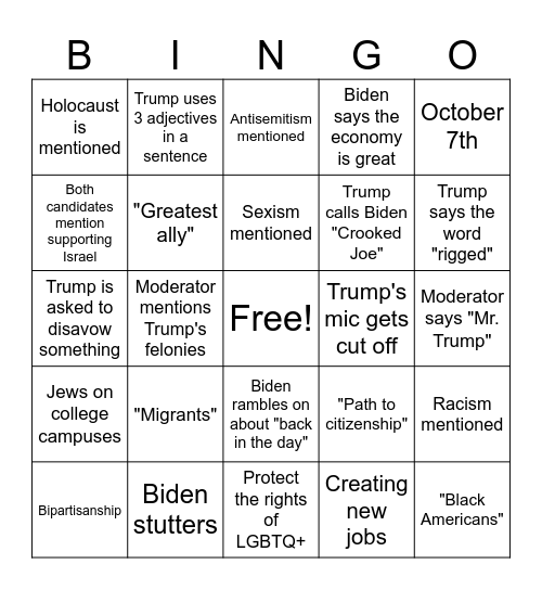 Presidential Debate BINGO Card