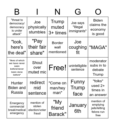 2024 Senior Center Debate Bingo Card