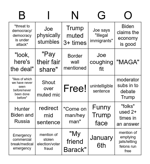 2024 Senior Center Debate Bingo Card