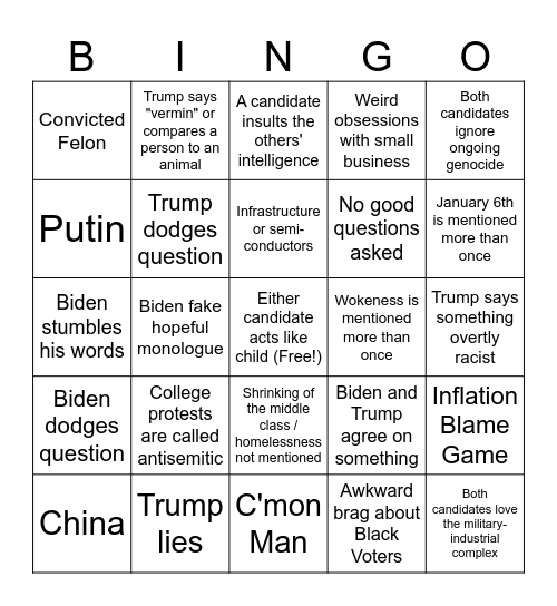 2024 Presidential Debate Bingo Card