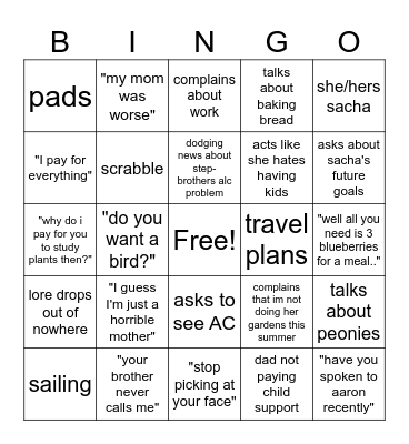 mom is visiting bingo Card