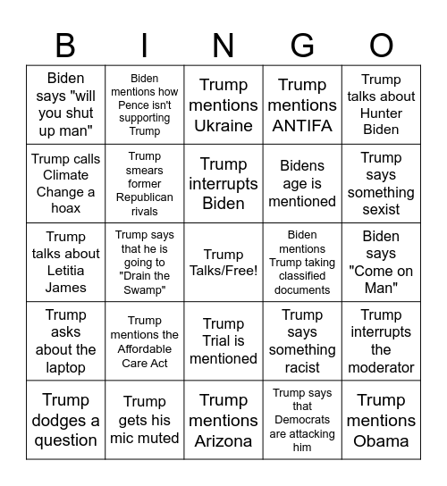 2024 Presidential Debate Bingo Card