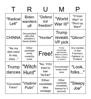 2024 Presidential Debate Bingo Card