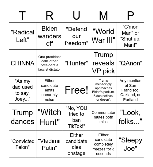2024 Presidential Debate Bingo Card