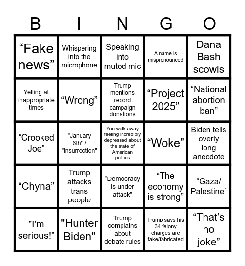 2024 Presidential Debate Bingo Card