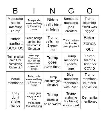 2024 Presidential Debate Bingo Card