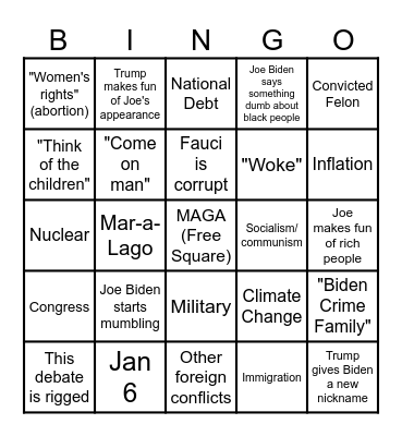 2024 Presidential Debate Bingo Card