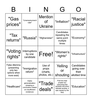 Presidential Debate Bingo Card