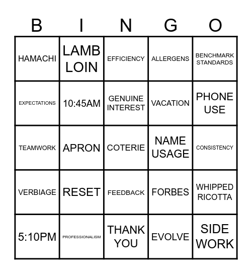 COTERIE Bingo Card
