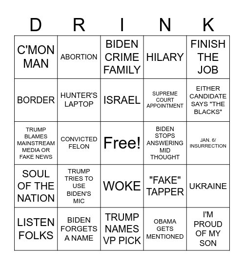 2024 Presidential Debate #1 Bingo Card