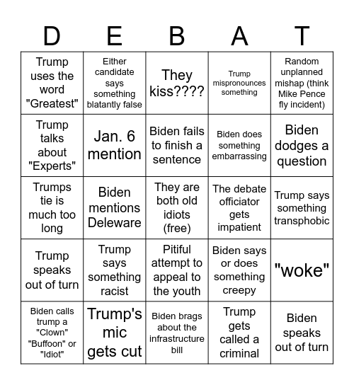 2024 First Presidential Debate Bingo Card