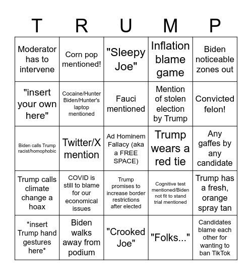 Presidential Debate 2024 Bingo Card