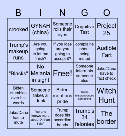 Presidential Debate Bingo Card