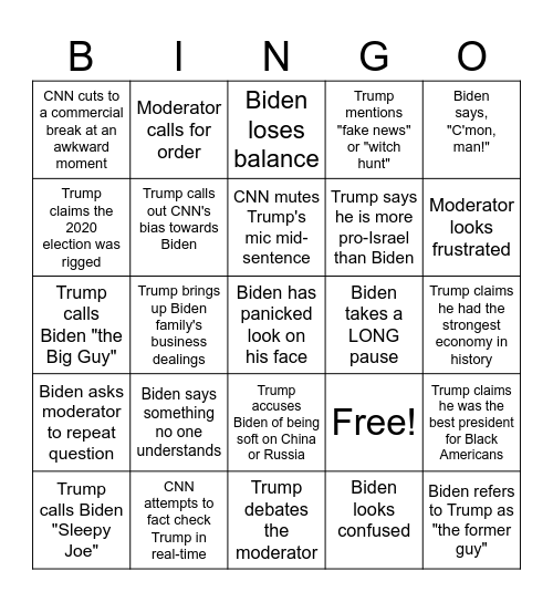 Debate Night Bingo Card
