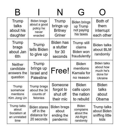 Presidential Debate Bingo Card Bingo Card