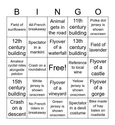 Tour de France Bingo Card