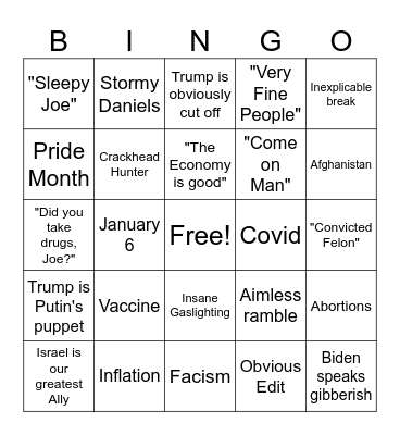 Trump v Biden debate Bingo Card