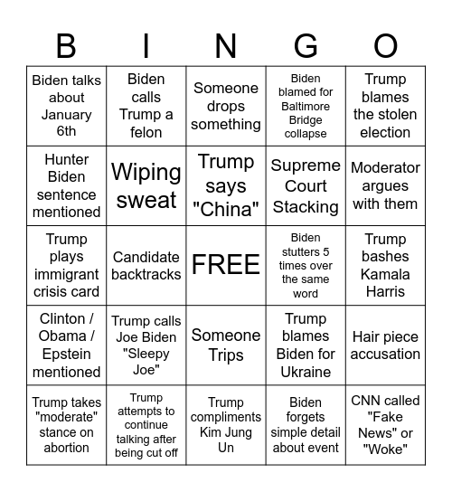 Presidential Debate June 2024 Bingo Card