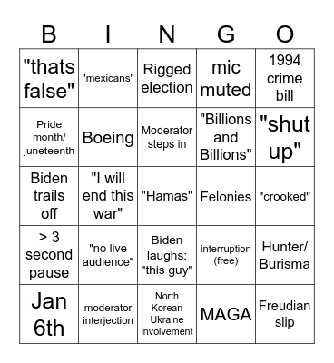 Trump Boden Debate Bingo Card