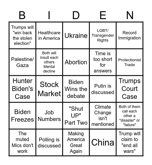 US Presidental Debate Bingo Card