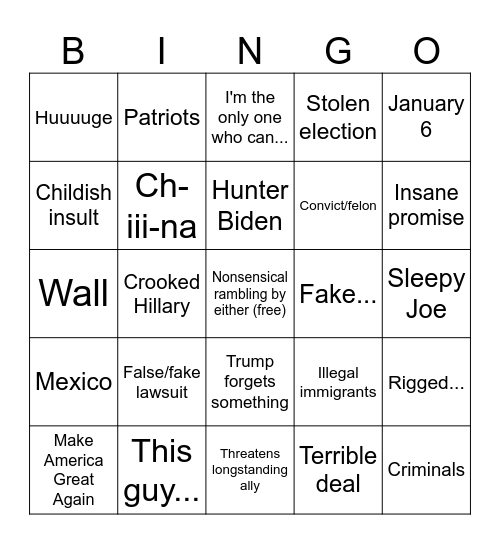 Presidential Debate Bingo Card