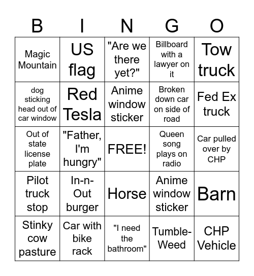 Road Trip Bingo! Bingo Card