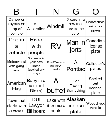 Road Trip Scavenger Bingo Card