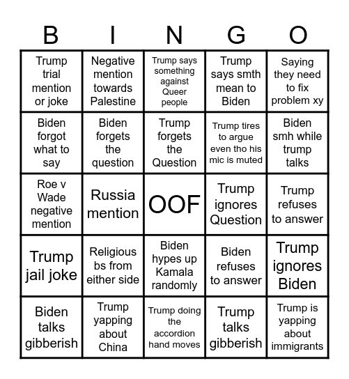 Biden VS Trump Debate Bullshit Bingo Card