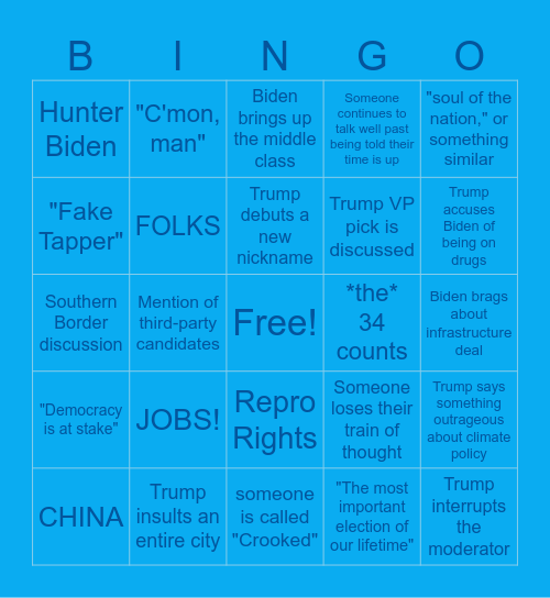 Harvard Dems Debate Bingo Card