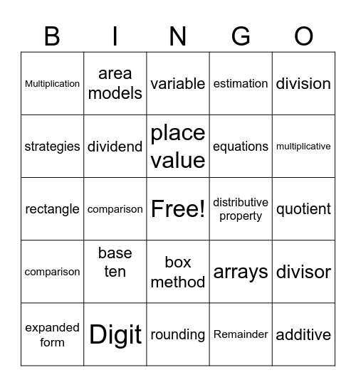 Math Quarter One Vocabulary Bingo Card