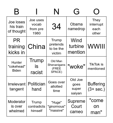 Presidential Debate 2024 Bingo Card