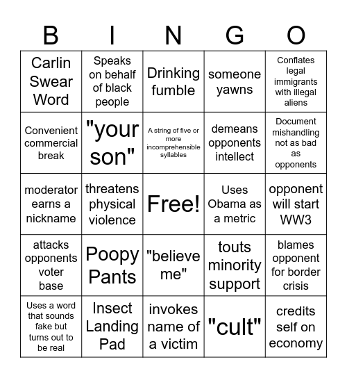 2024 Trump/Biden Debate Bingo Card