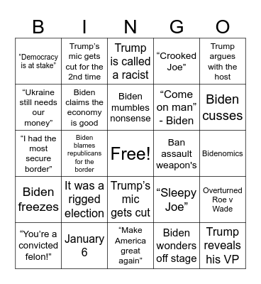 Presidential debate Bingo Card