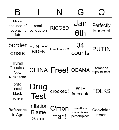 2024 Presidential Debate Bingo Card