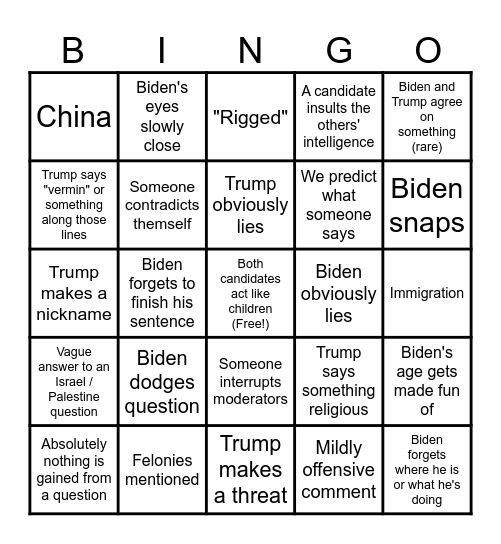 2024 Presidential Debate Bingo Card