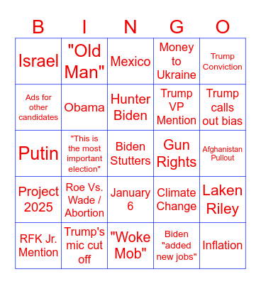 2024 Debate #1 Bingo Card