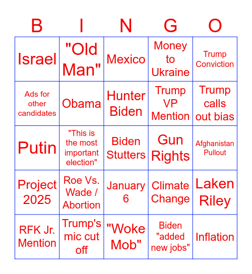 2024 Debate #1 Bingo Card