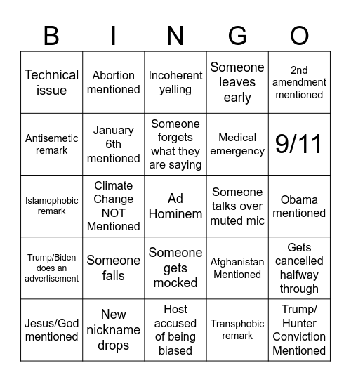 Trump Biden Debate Bingo Card