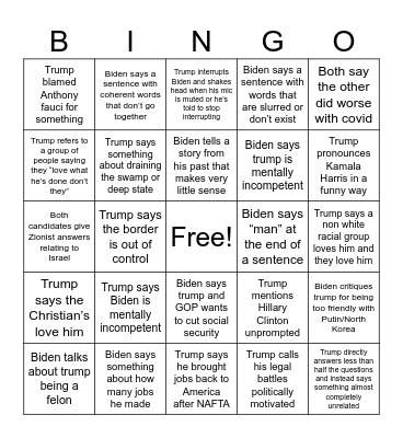 Presidential Debate Bingo Card